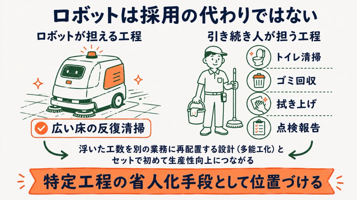 人手不足対策の全体像と清掃ロボットの位置づけを示す図