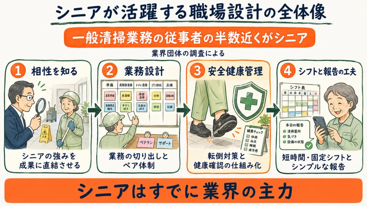 清掃業でシニア人材が活躍する職場設計の全体像を示す図