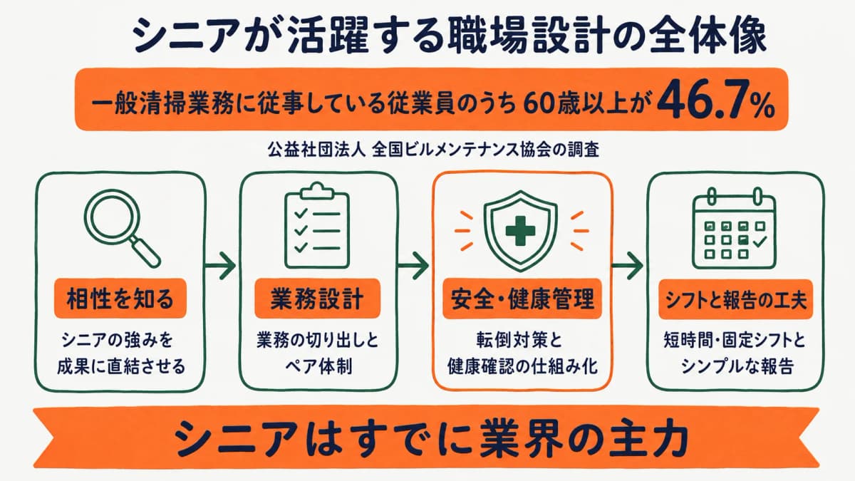 清掃業でシニア人材が活躍する職場設計の全体像を示す図