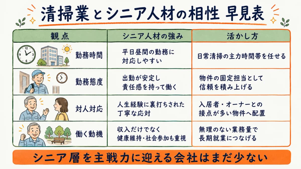 清掃業とシニア人材の相性を観点別に整理した早見表の図