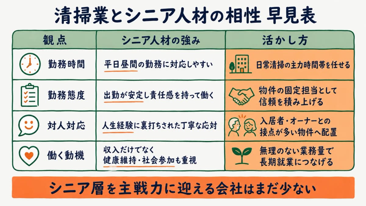 清掃業とシニア人材の相性を観点別に整理した早見表の図