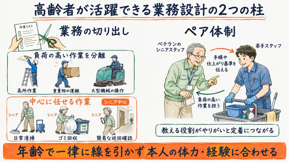 業務の切り出しとペア体制による職場設計を示す図