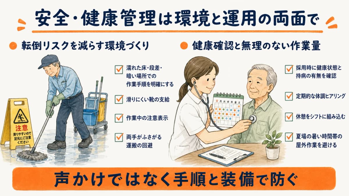 高齢スタッフの安全・健康管理の配慮ポイントを示す図