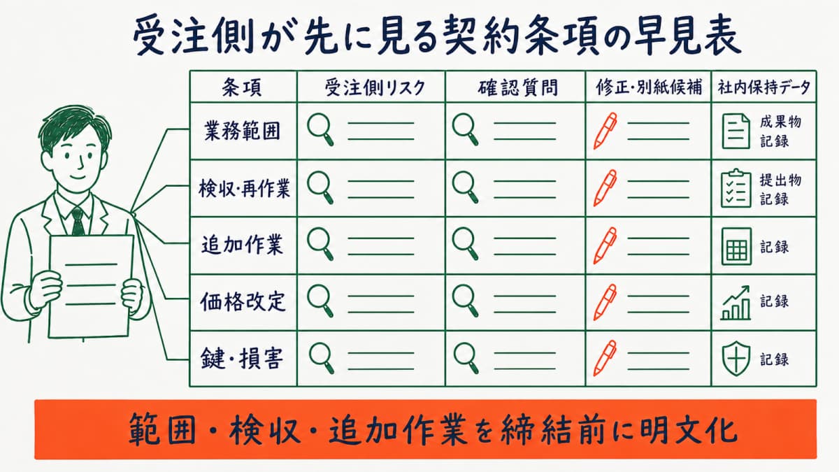 清掃業務委託契約の条項・受注側リスク・確認質問・修正候補を示す早見表