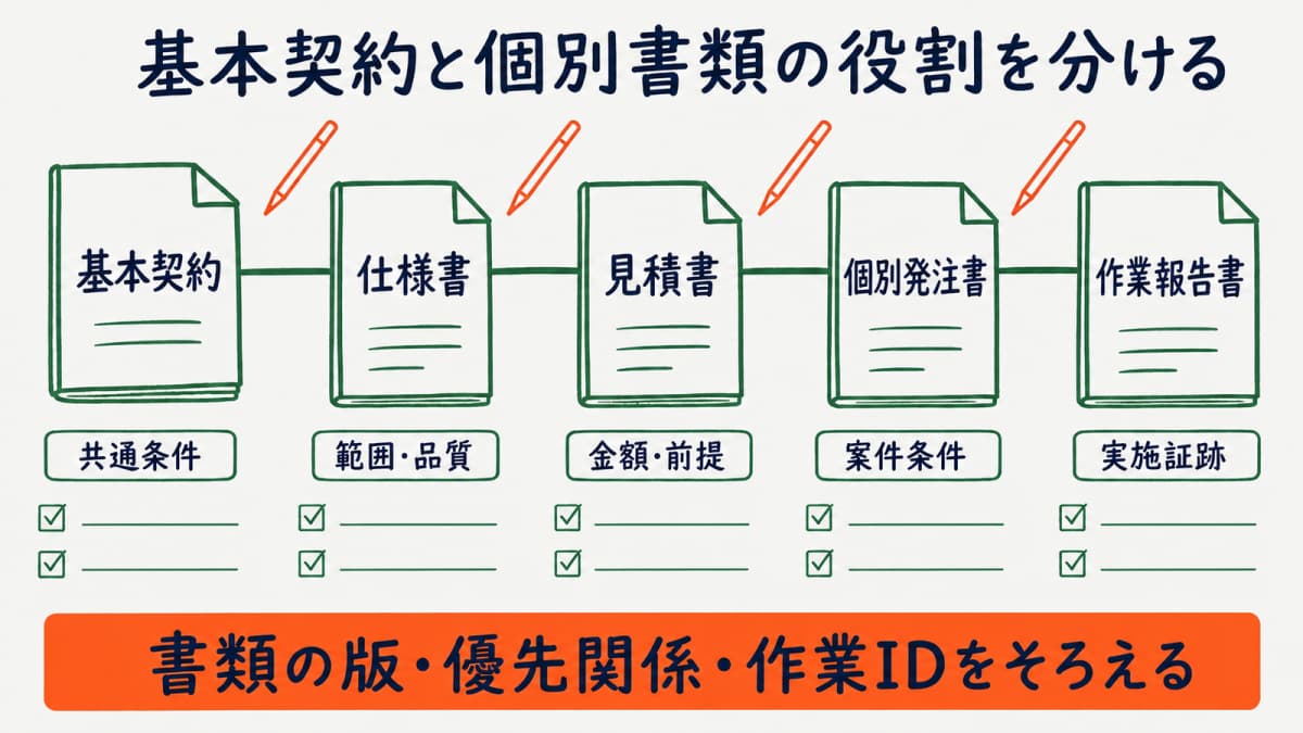 基本契約・仕様書・見積書・個別発注書・作業報告書の役割比較図