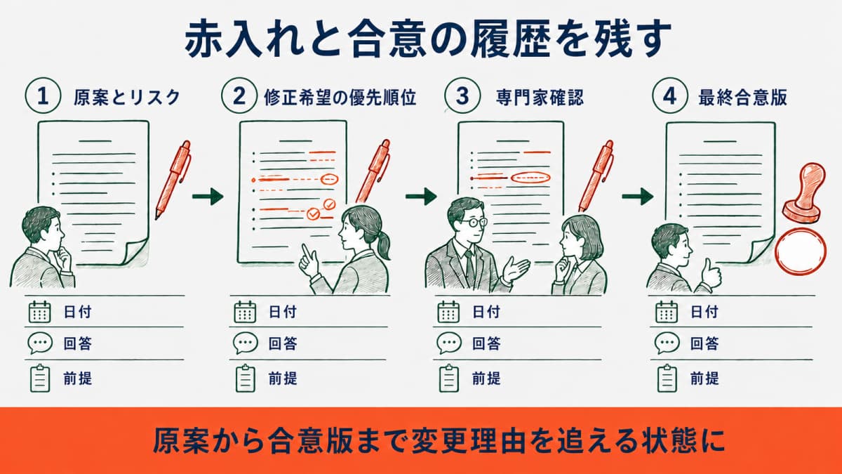 契約案の修正希望に優先順位を付け専門家確認・合意版へ進む図