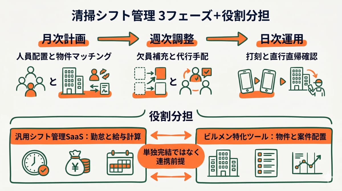 清掃シフト管理の3フェーズと役割分担の全体像を示す図
