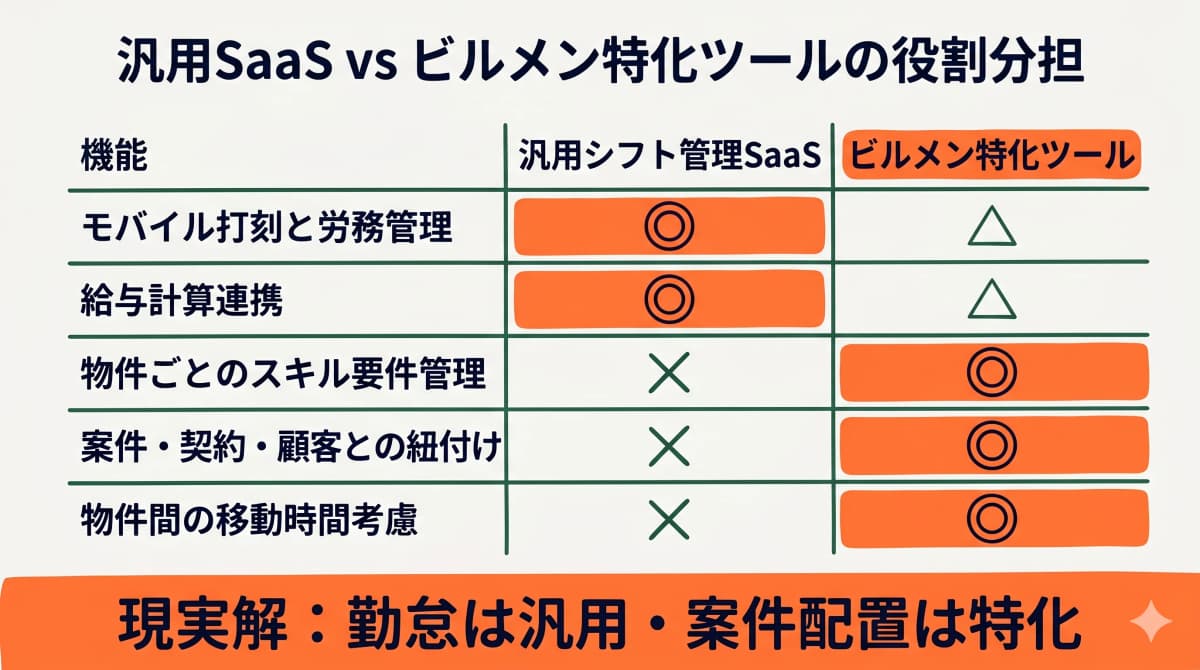 汎用シフト管理SaaSとビルメン特化ツールの役割分担を示す比較図