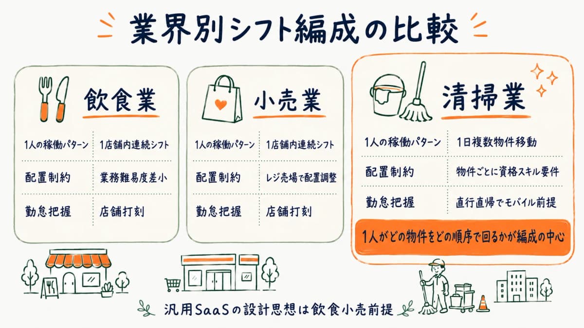 飲食・小売・清掃業のシフト編成の質的違いを比較する図