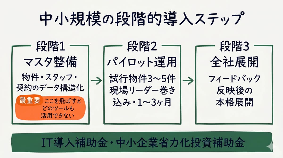 中小規模のシフト管理ツール導入3段階とパイロット運用の進め方を示す図