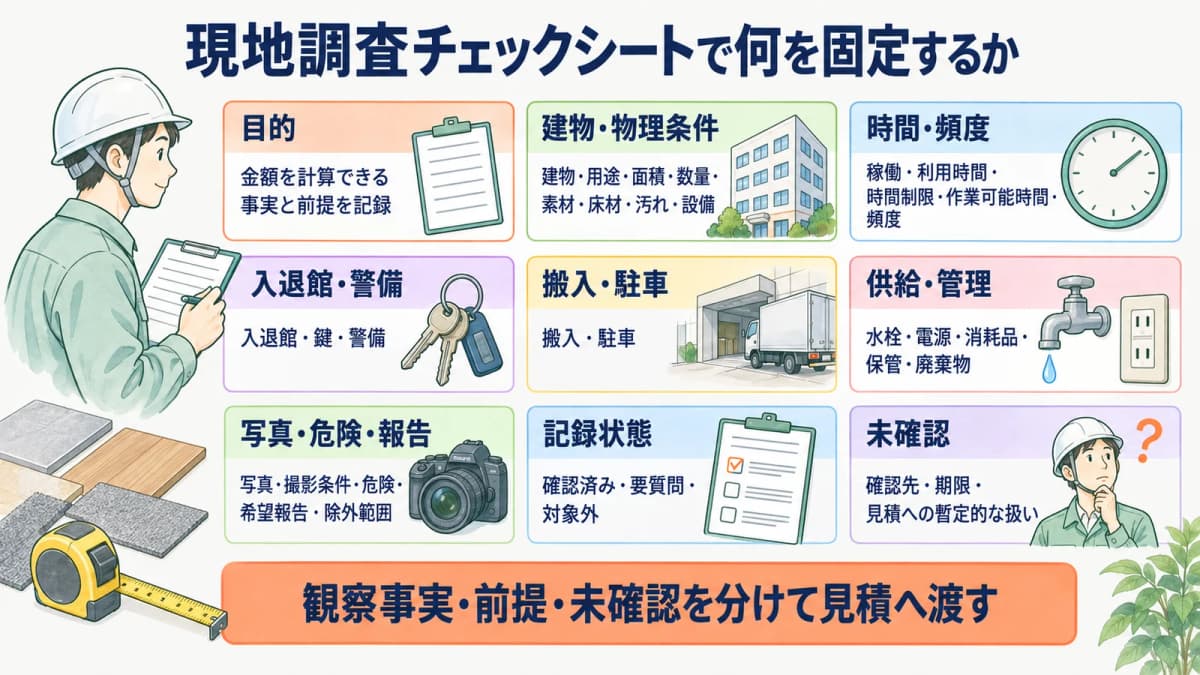 巻尺と現地調査票で清掃の見積条件を確認する図