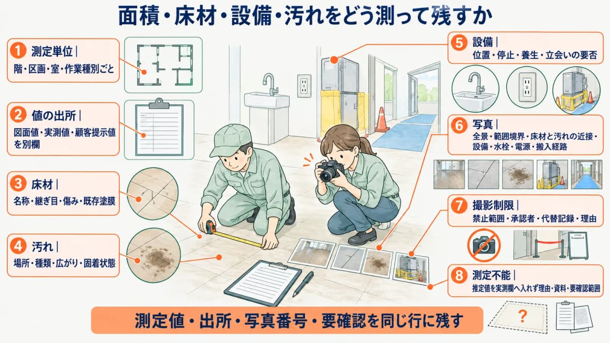 巻尺で床材の範囲を測りカメラで状態を記録する図
