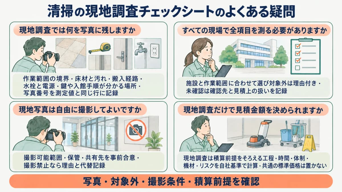 巻尺とカメラと鍵束で現地調査の疑問を確認するFAQ図
