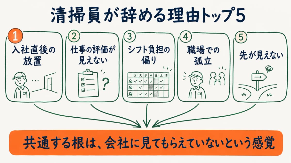 清掃員が辞める5つの理由を構造として整理した図