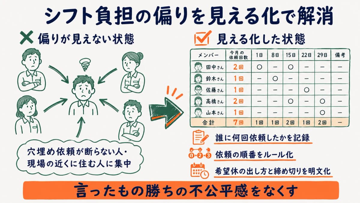 シフト負担の偏りと、見える化による解消の流れを示す図