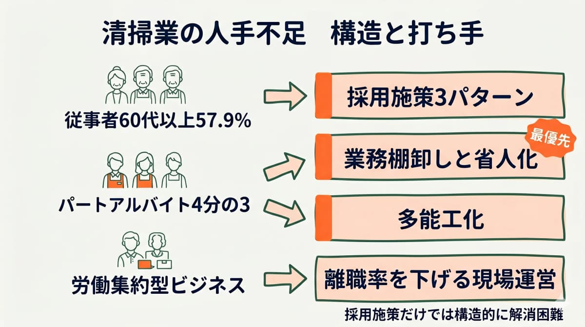 清掃業の人手不足の構造と打ち手の全体像を示す図