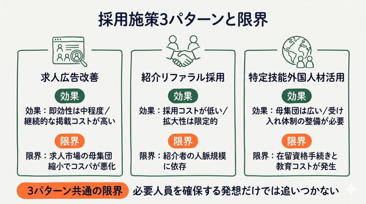 清掃業の採用施策3パターンと限界を比較する図