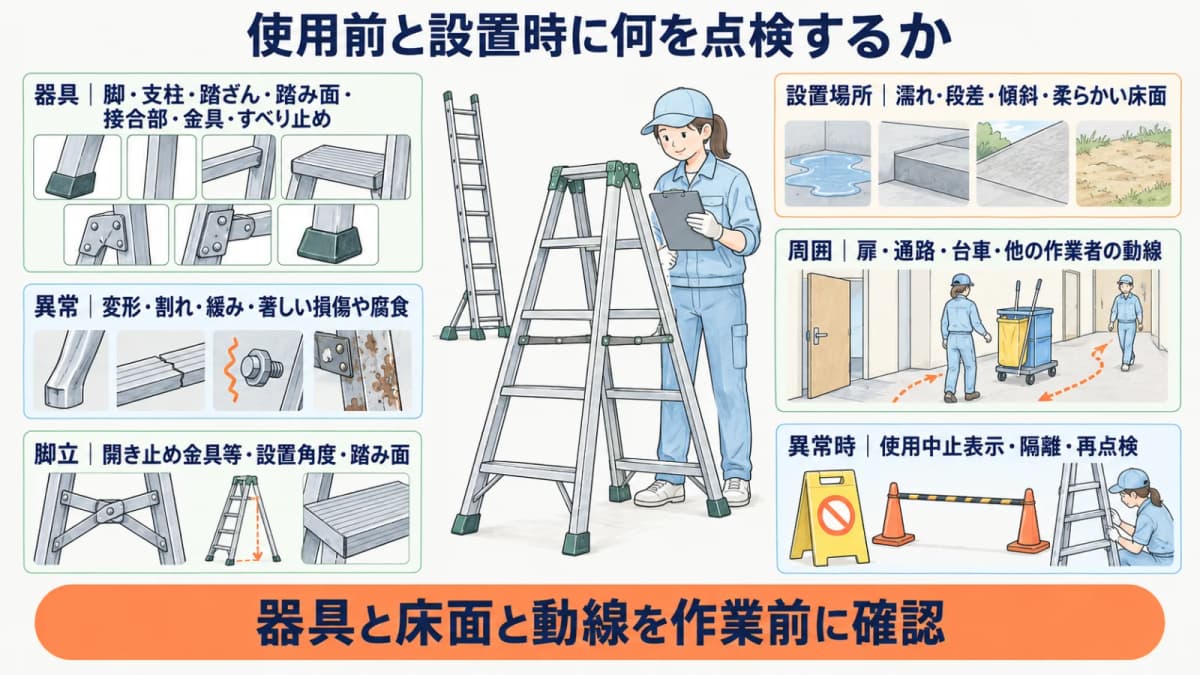 脚立の金具と踏み面とすべり止めを使用前に点検する図