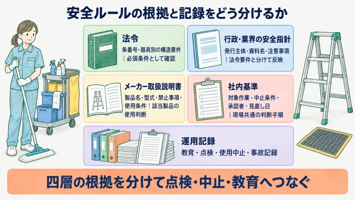 清掃カートのそばで法令と取扱説明書と社内ルールを分けて管理する図