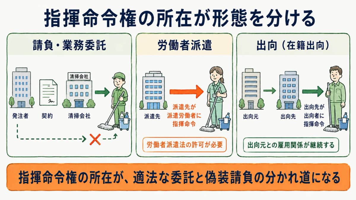 業務委託・請負・派遣の違いと指揮命令の流れを示す図