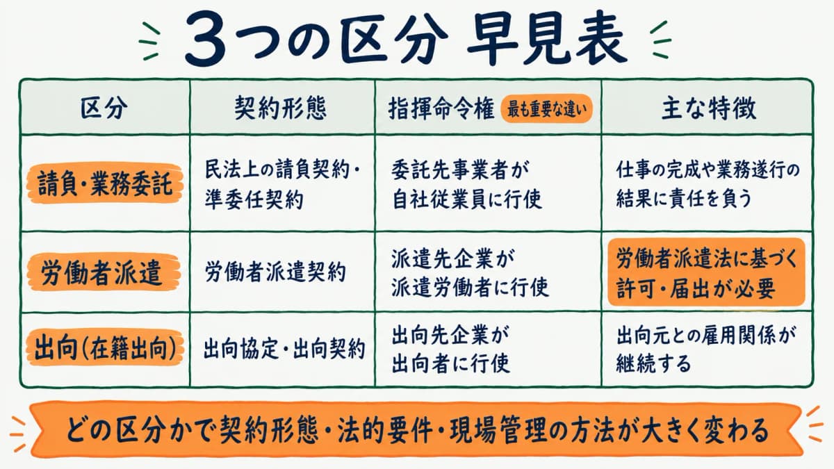 業務委託・請負・労働者派遣の区分を比較した早見表の図