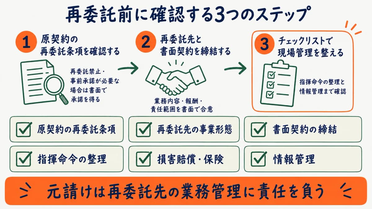 再委託の契約フローと元請けの責任範囲を示す図