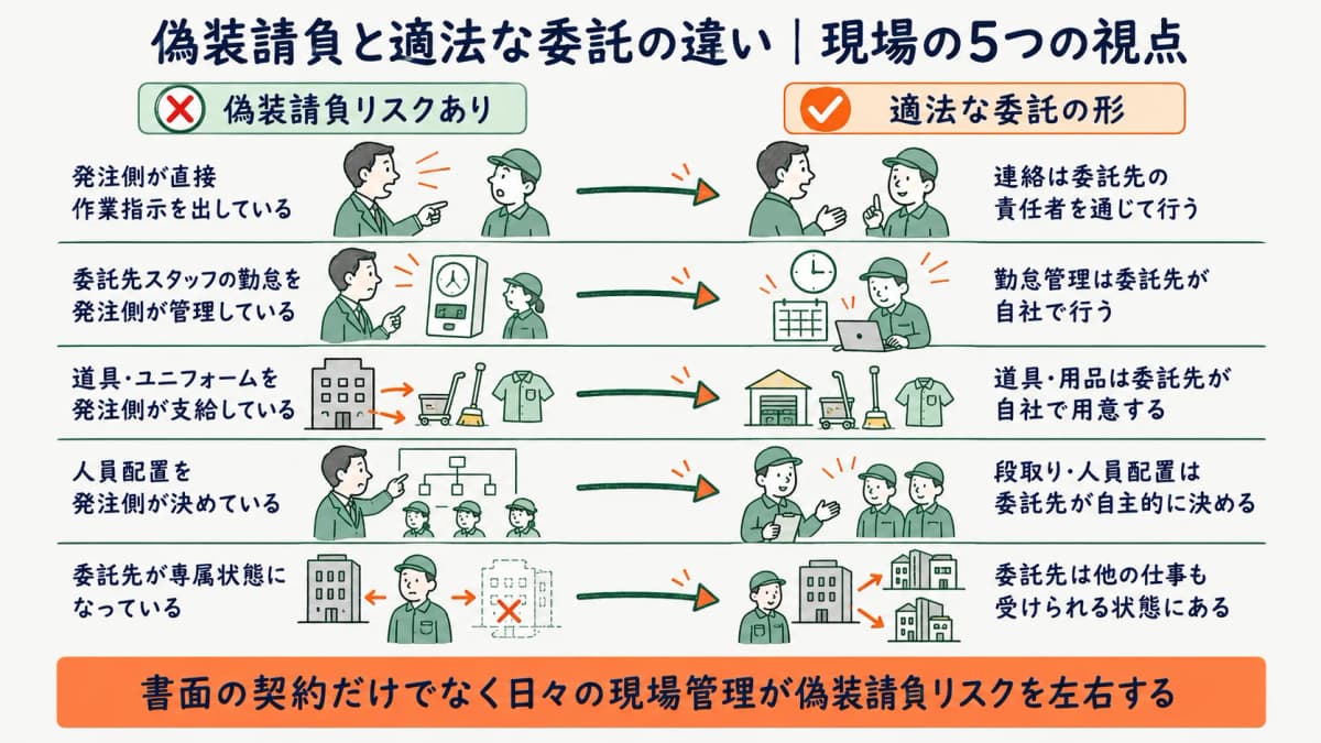 偽装請負と判断されやすい現場の状態と適法な状態を比較する図