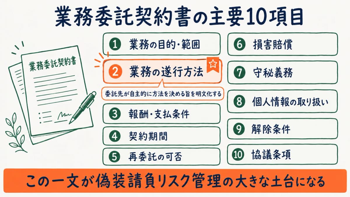 清掃業の業務委託契約書に必要な項目一覧を示す図