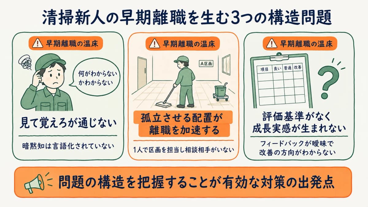 清掃新人の早期離職を生む3つの構造問題を示す図