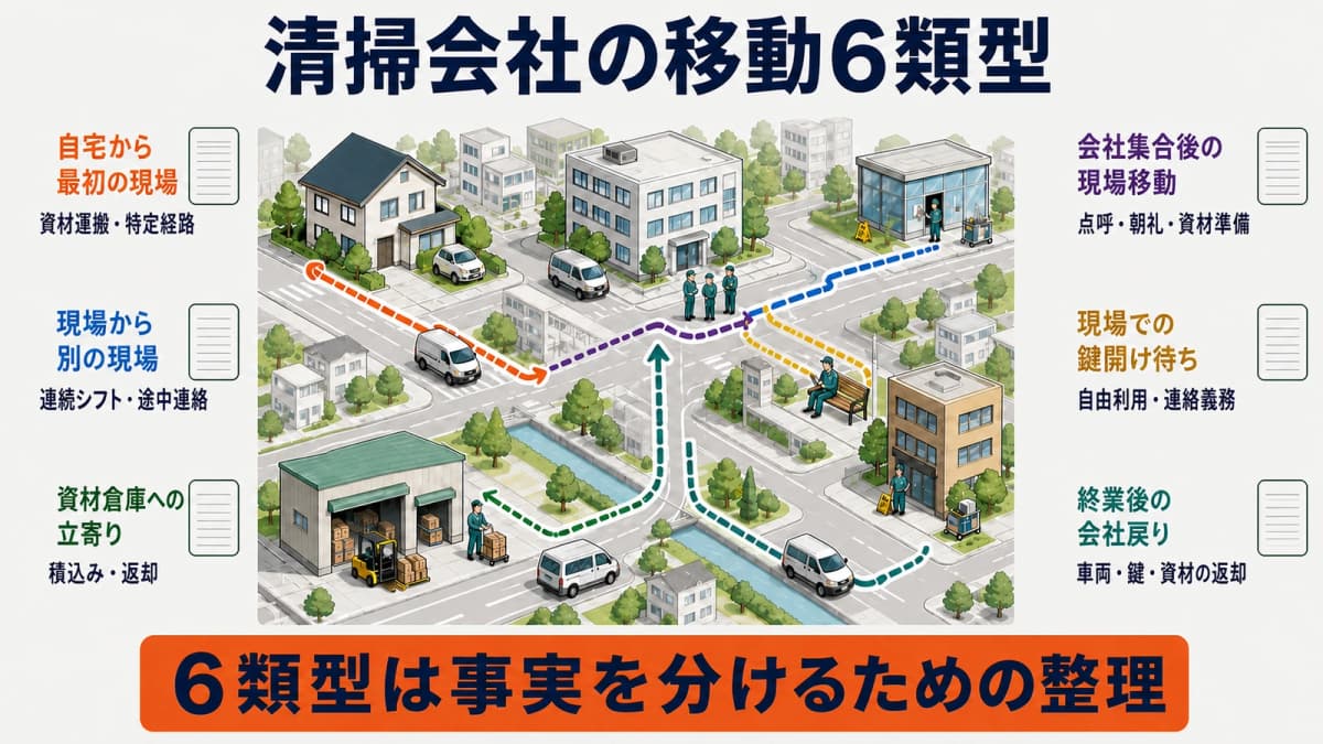 自宅から初回現場・現場間・倉庫立寄り・会社集合・鍵待ち・会社戻りの6類型
