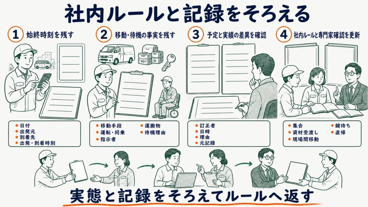 始終時刻と事実を記録し社内ルール・専門家確認へ反映する流れ