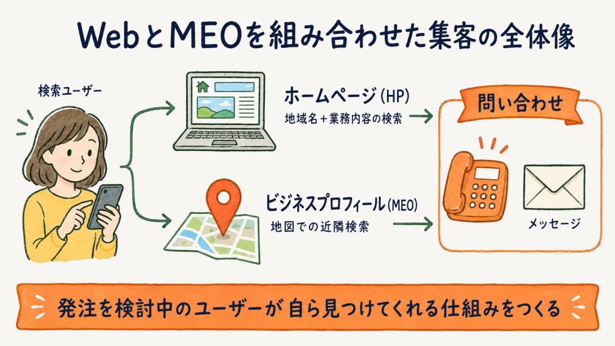 清掃会社のWebとMEOを組み合わせた集客の全体像を示す図