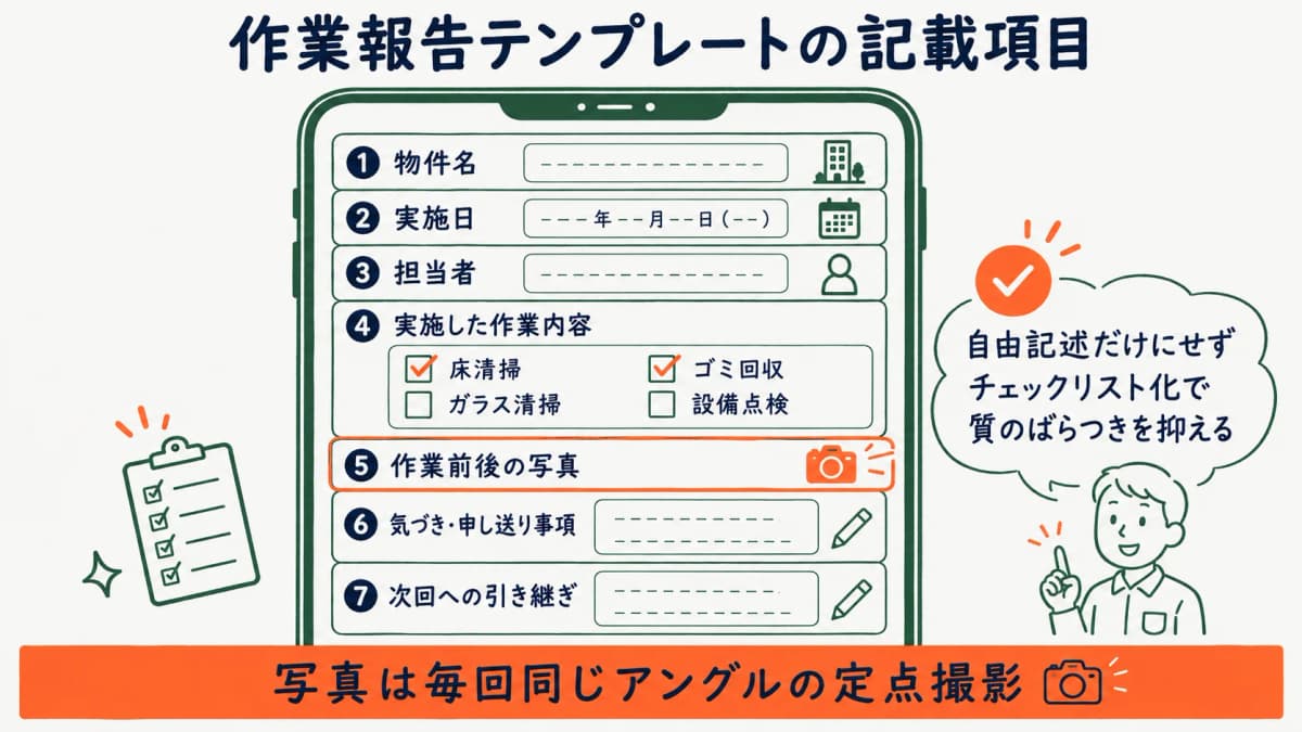 作業報告テンプレートの記載項目を示す図