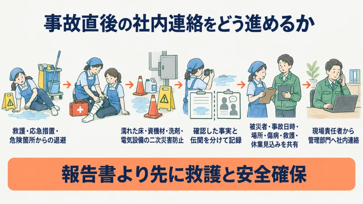 救急箱を備えた清掃現場で救護から社内連絡までを進める図
