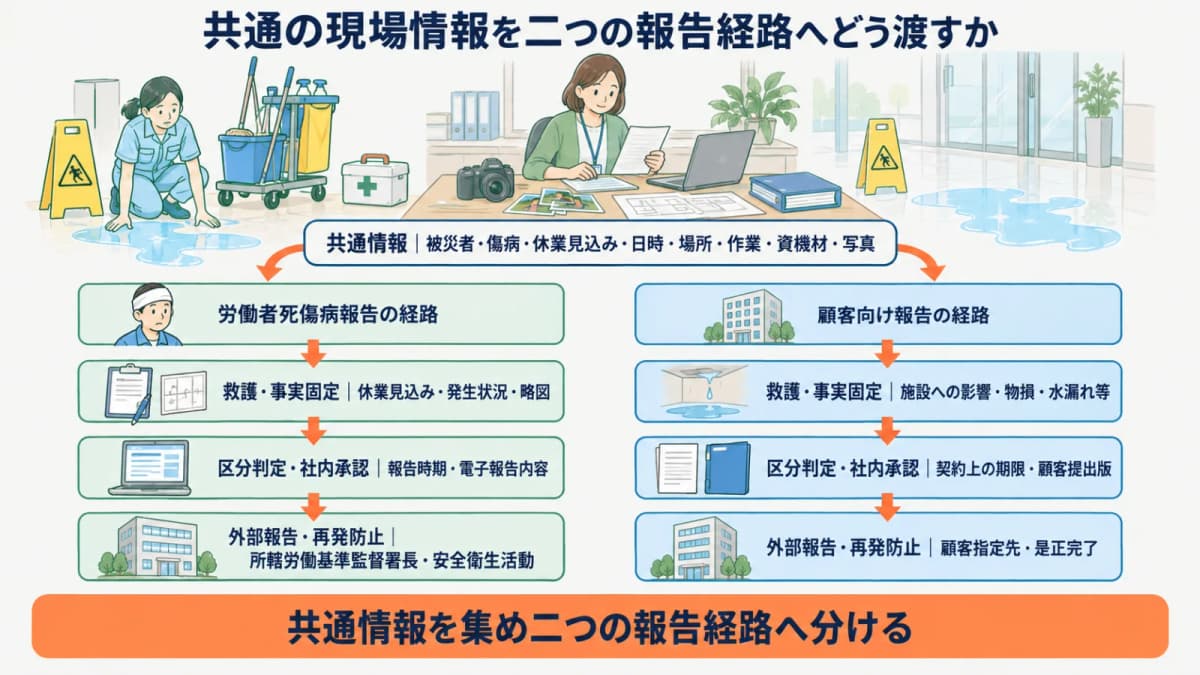 管理部門の机で被災者と作業と休業見込みの情報を整理する図