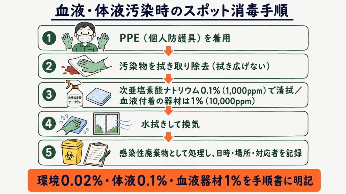 血液・体液汚染時のスポット消毒を、除去・希釈液清拭・水拭き・記録の順に示した判断フロー図