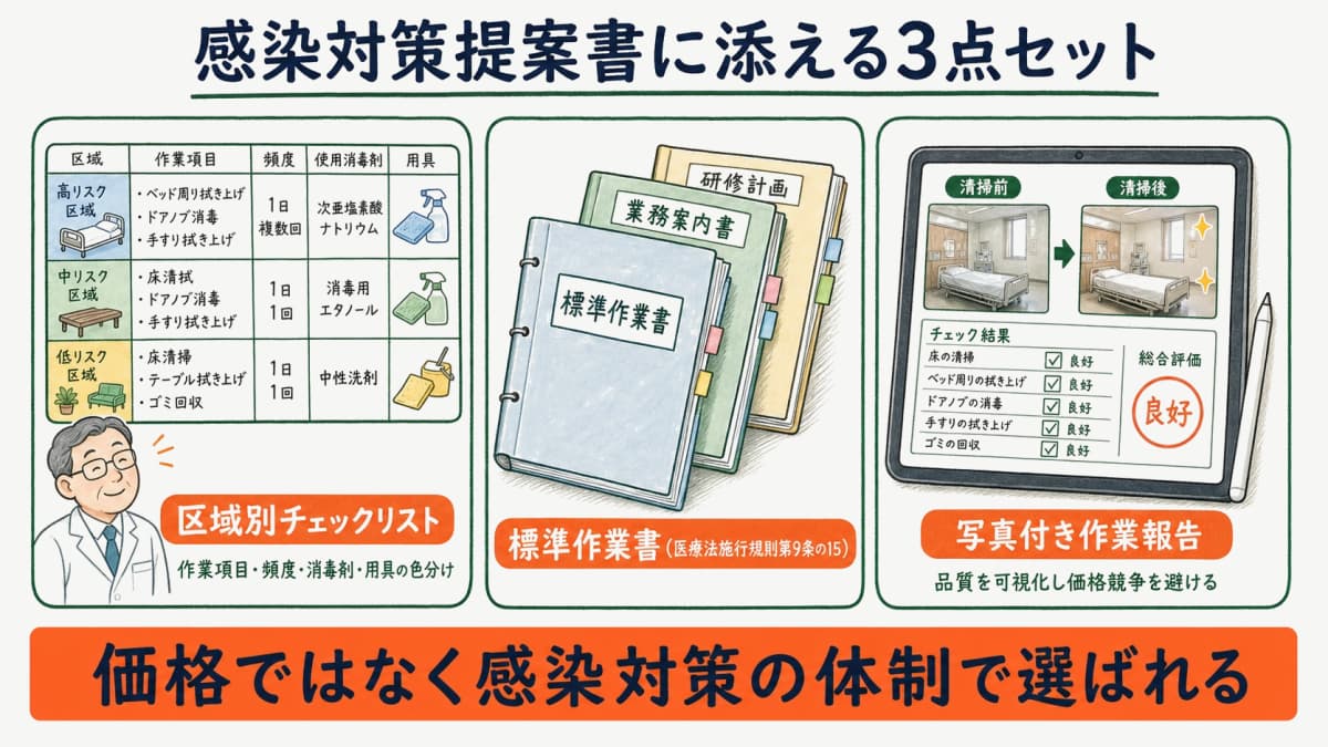提案書に添える区域別チェックリスト・標準作業書・写真付き作業報告の3点セットで感染対策の体制を示す構成図