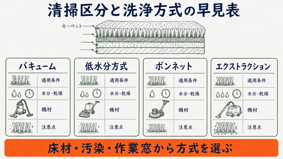 カーペット清掃の区分とバキューム・低水分・ボンネット・エクストラクションを示す早見表