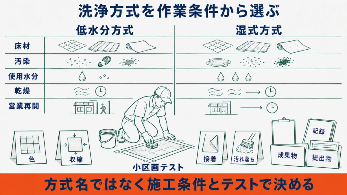 低水分方式と湿式方式を床材・汚染・乾燥・小区画テストで選ぶ図