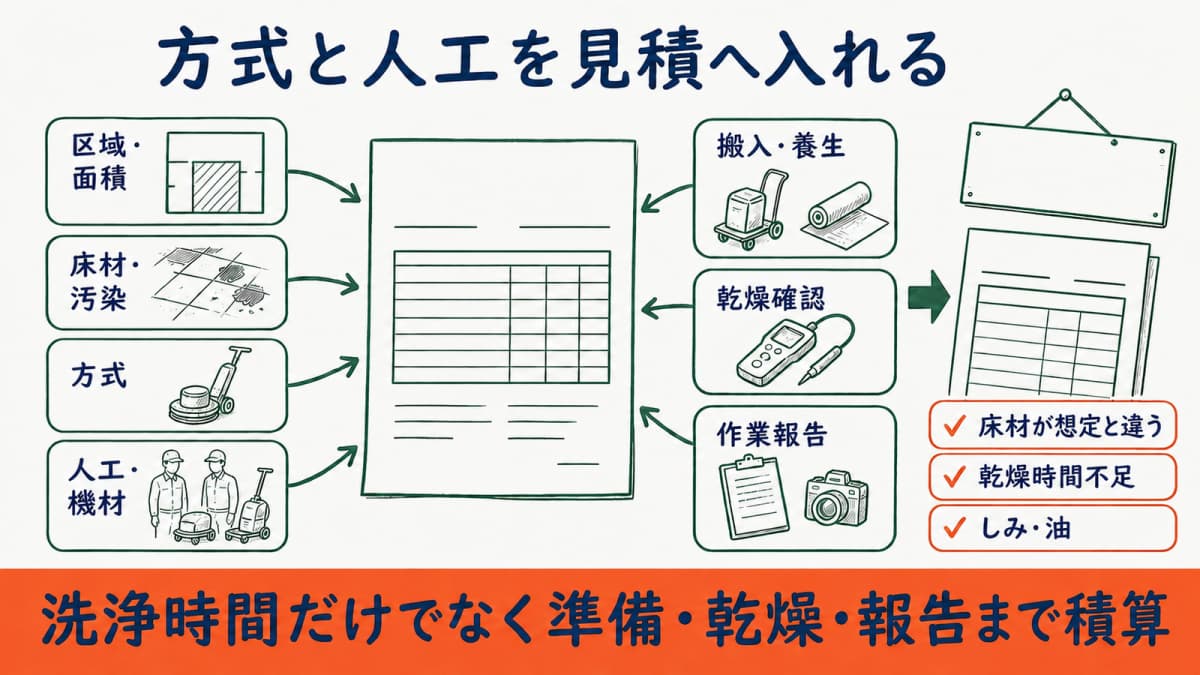 洗浄方式・人工・機材・乾燥と中止・追加条件を見積へ入れる図