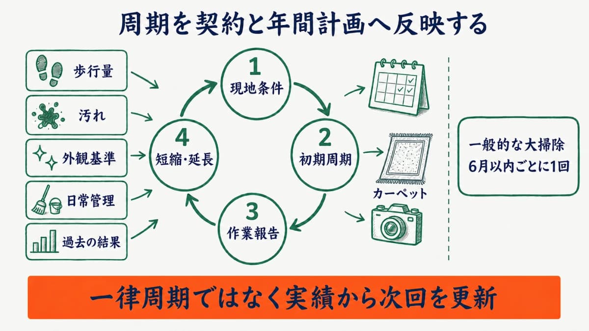 現地条件から初期周期を置き作業実績で短縮・延長する更新図