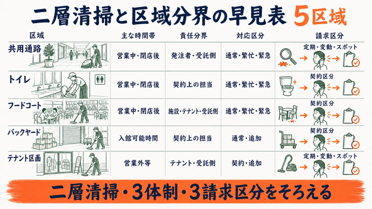 商業施設の5区域を責任者・時間帯・汚損・連絡・請求で示す早見表