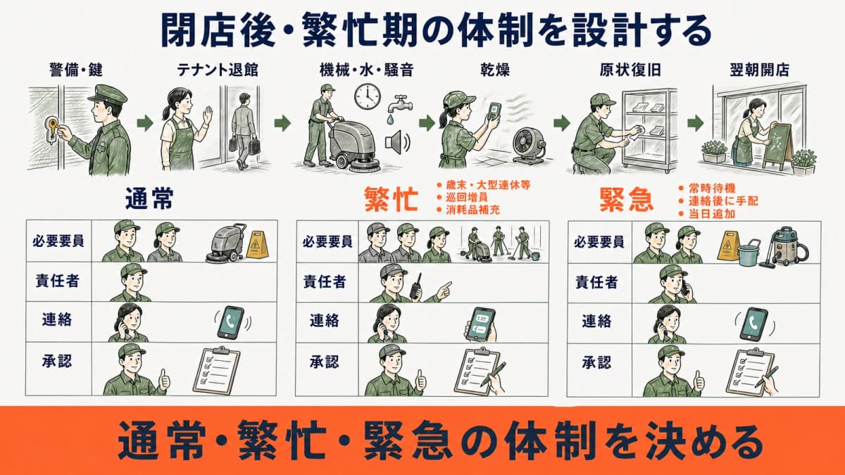 閉店後の作業窓と通常・繁忙・緊急の要員・承認・連絡を比較する図
