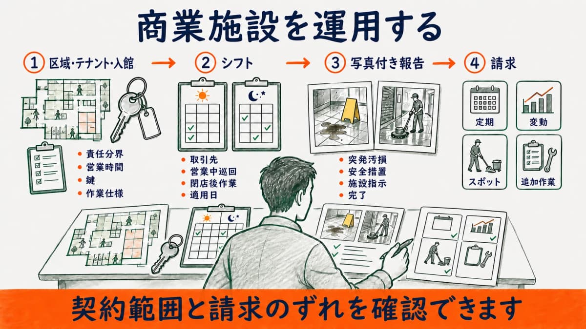 区域・テナント・入館情報からシフト・写真・請求へつなぐ運用図