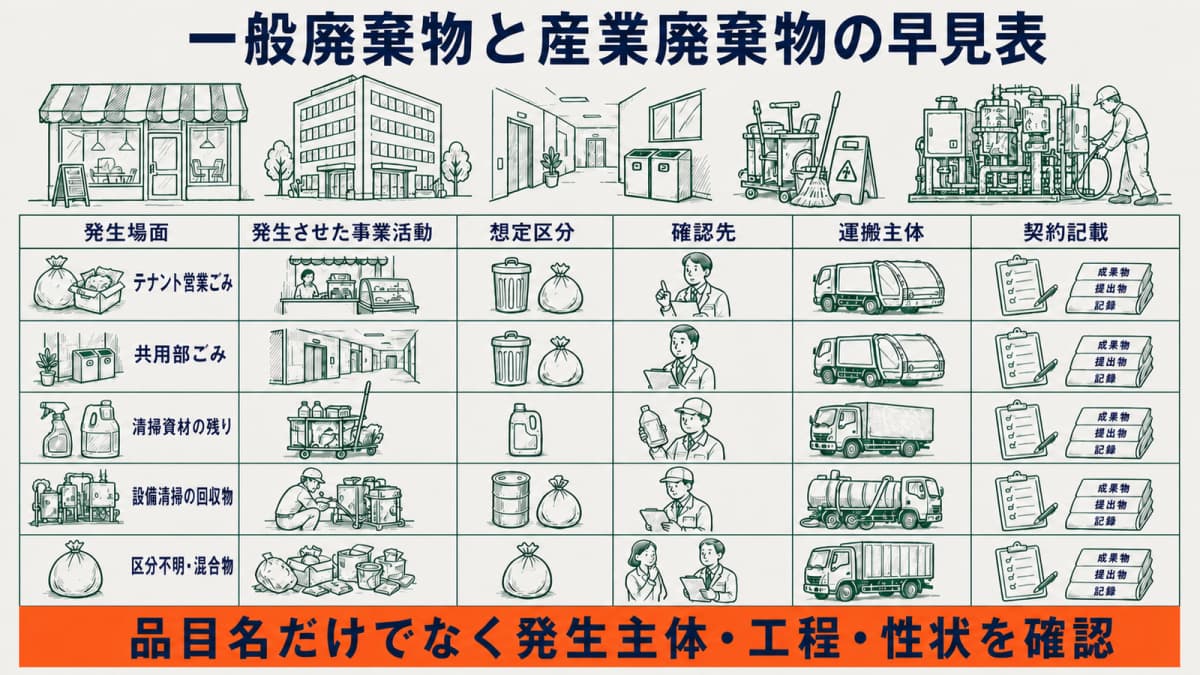 発生場面・事業活動・想定区分・確認先・運搬主体・契約記載を示す早見表