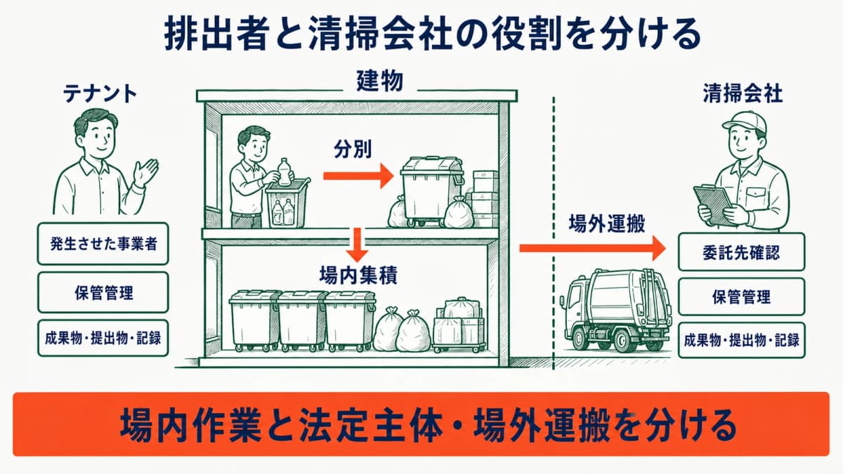 建物・テナント・清掃会社の役割と場内集積・場外運搬を分ける図