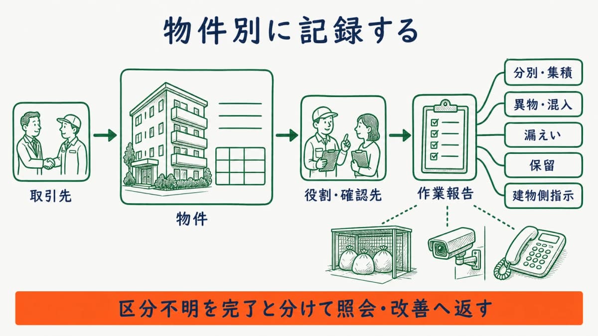 取引先・物件の役割から作業報告の区分・異常・照会履歴へつなぐ図