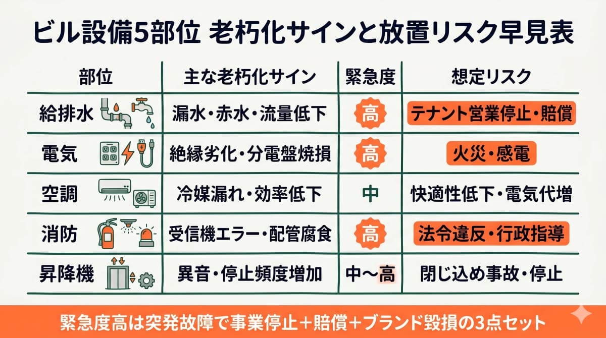 設備5部位の老朽化サインと緊急度・想定リスク早見表