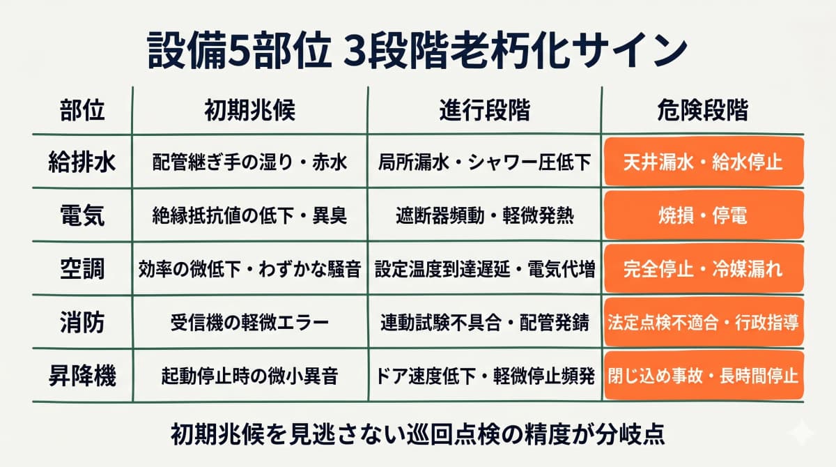 ビル設備5部位の3段階老朽化サインと検知ポイントを示す図