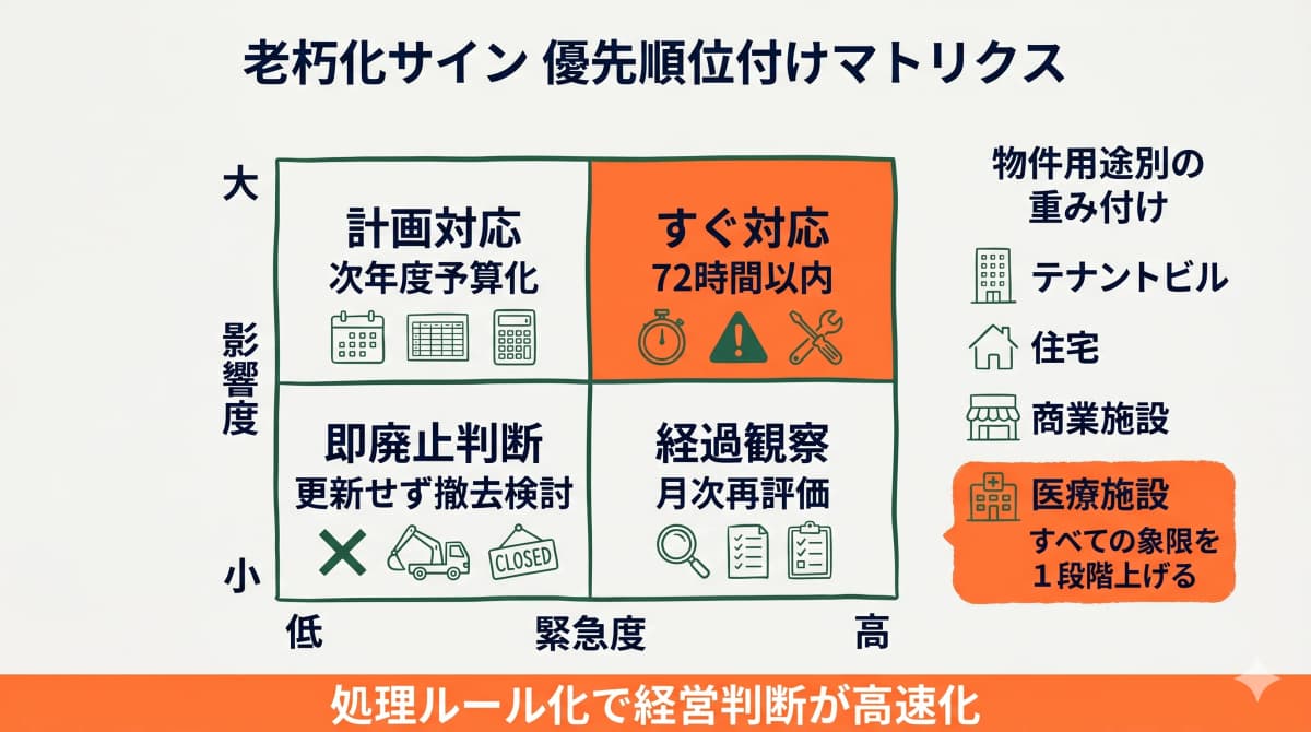老朽化サインの緊急度×影響度4象限マトリクス図